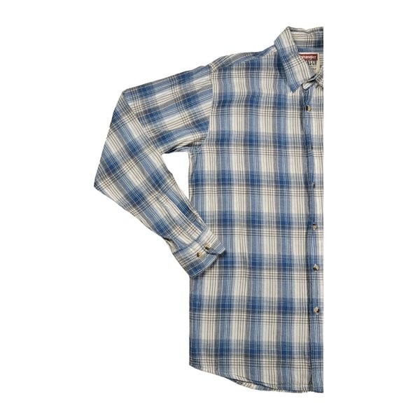 Wrangler Shirt Men's Long Sleeve Collared Plaid Button Up Blue Cream Tan Medium - Picture 3 of 11